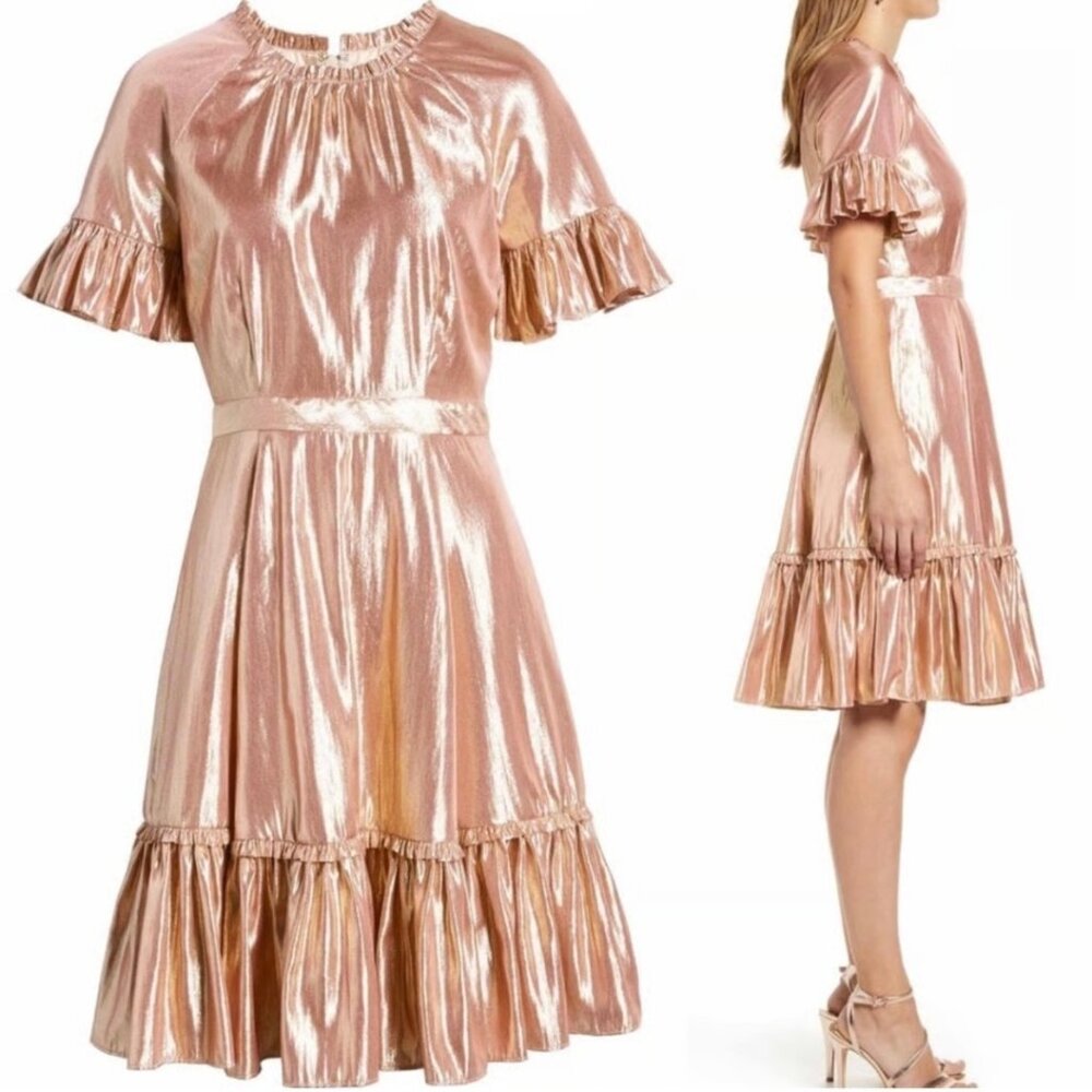Rachel Parcell Ruffle Swing Dress in Metallic Rose Gold Size XS 2 Pink Shimmer